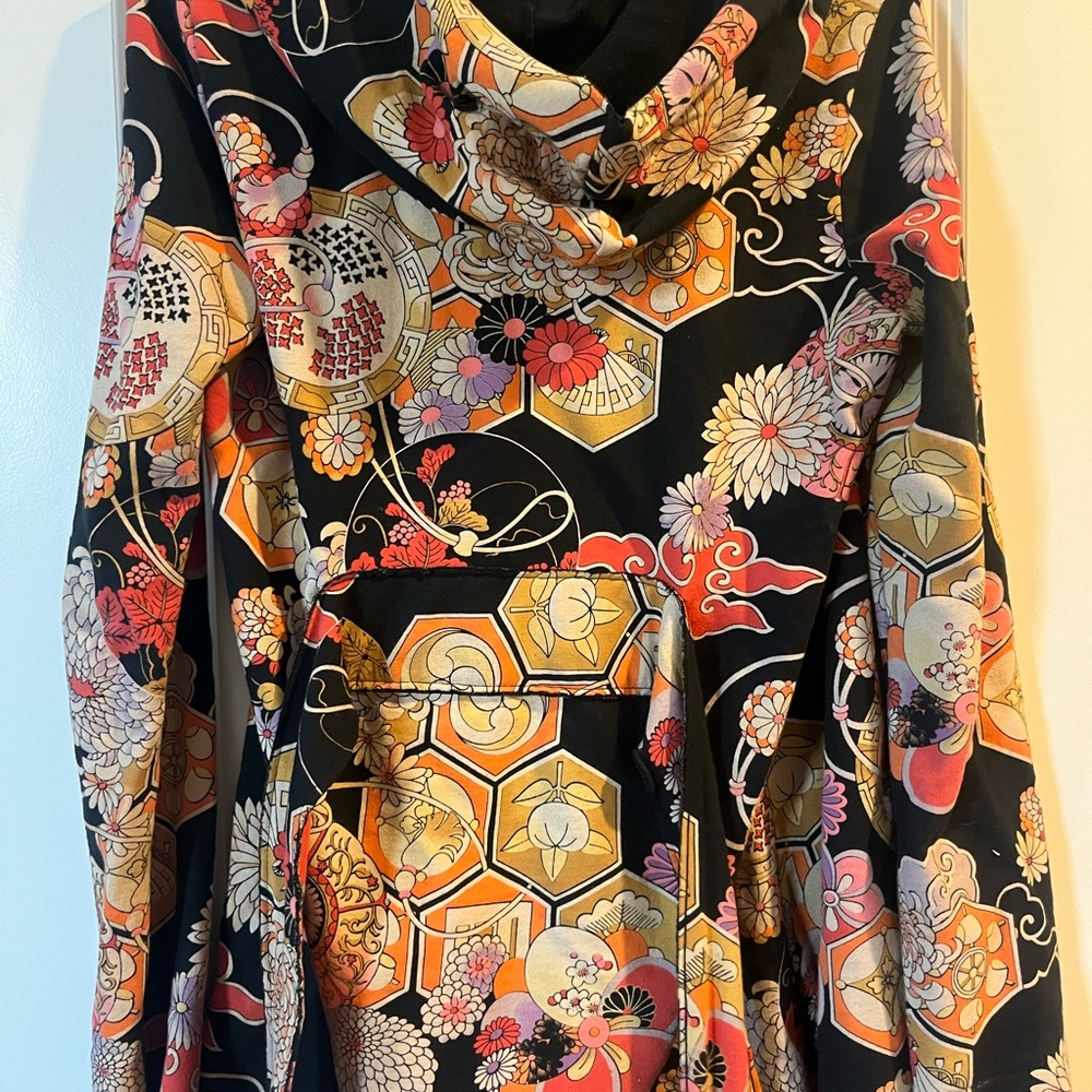 LUCKY BRAND ASIAN THEME PRINT CARDIGAN​ with hood and waist tie